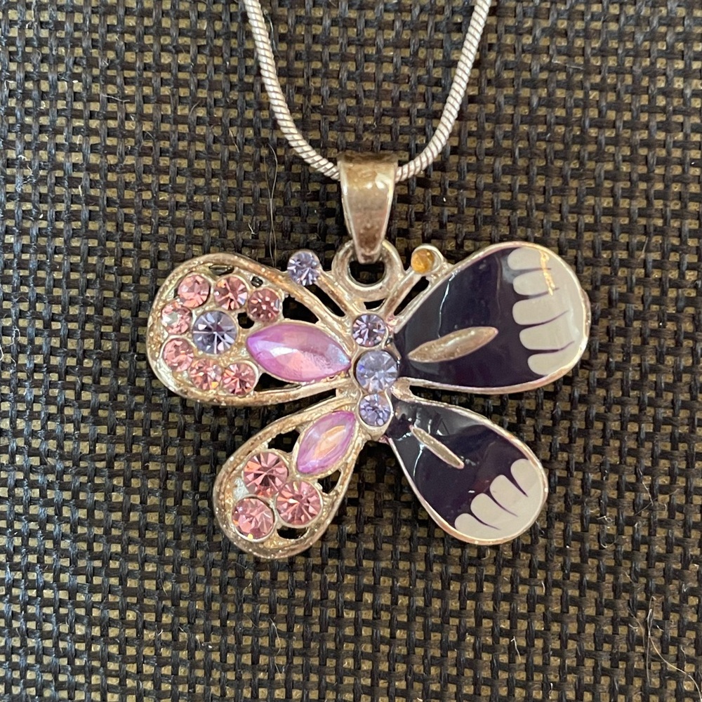 Rhinestone, enamel Butterfly Pendant Necklace